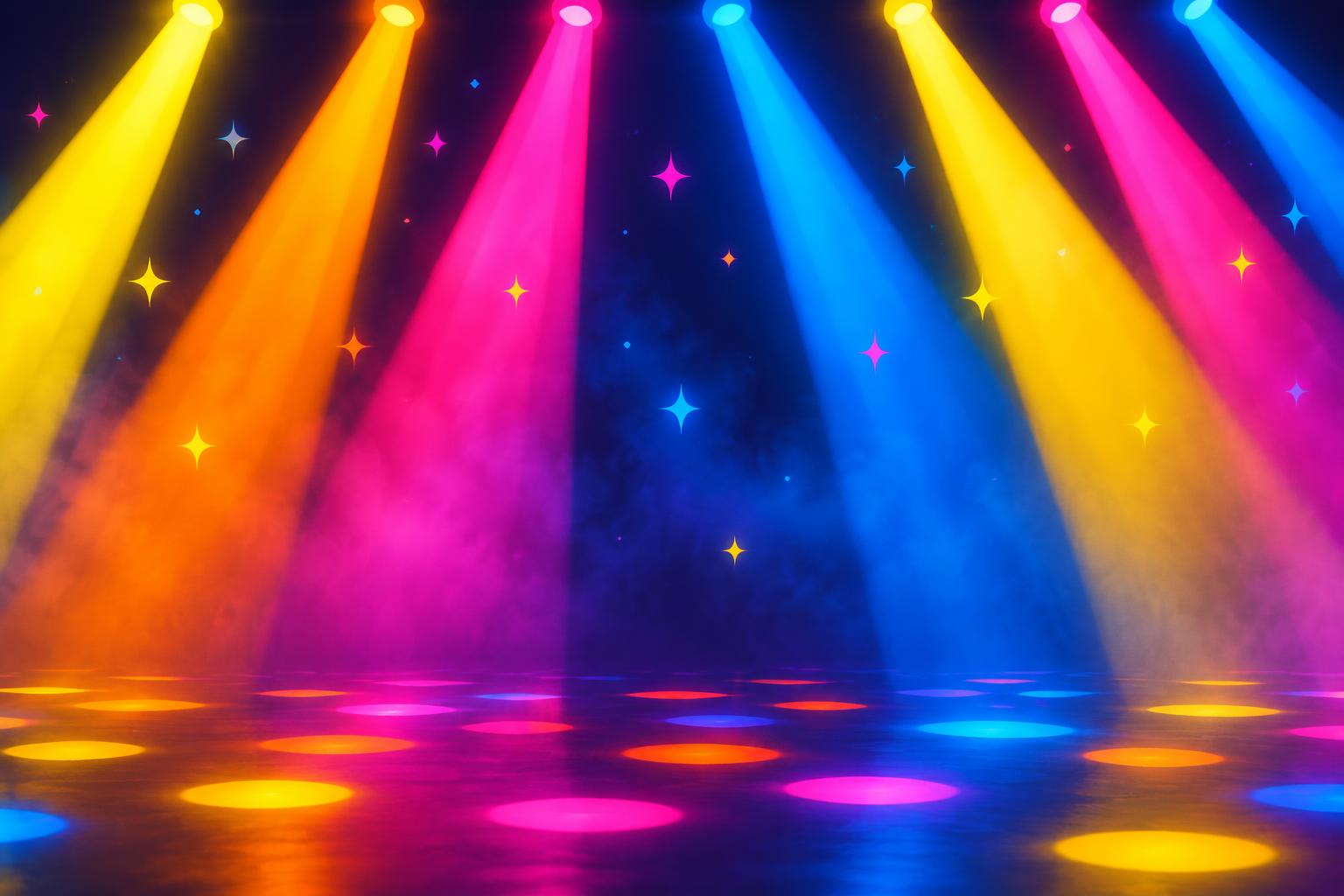 Colourful disco lights shining diagonally down over a dark dance floor